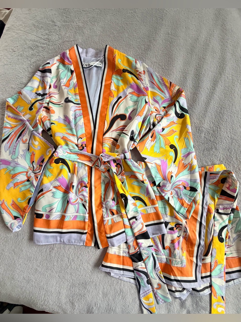 Zara Yellow Lilac Orange Floral Lightweight Jacket with Belt and Shorts Set S
